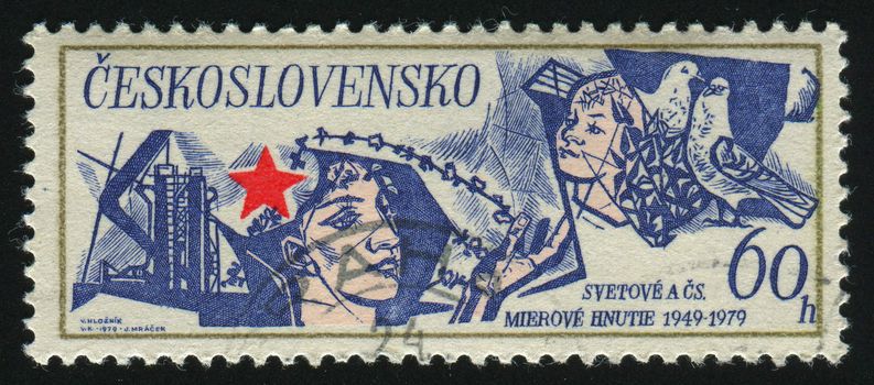 CZECHOSLOVAKIA - CIRCA 1979: Red Star, Man, Child and Doves, circa 1979.