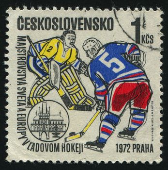CZECHOSLOVAKIA - CIRCA 1972: Senior man playing hockey in his team uniform, circa 1972.