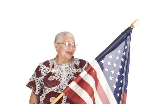 African American senior citizen with Stars and stripes isolated over white