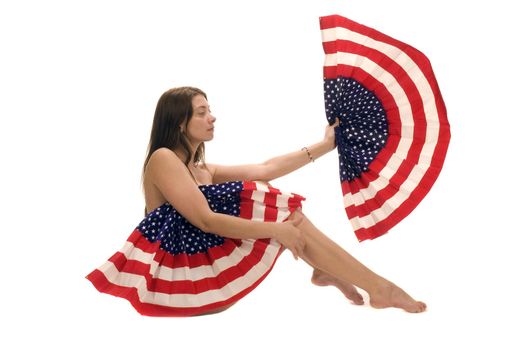 Naked American patriot with flag fan isolated over white