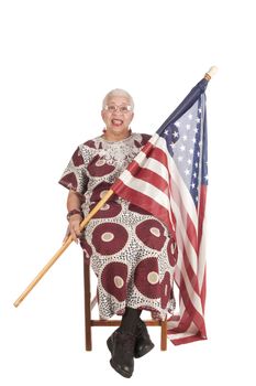 Female African American senior citizen with Stars and stripes isolated over white
