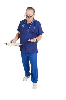 Male nurse or doctor with chart and stethoscope around neck,  isolated on white