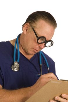 Male nurse or doctor with chart taking notes and with a  stethoscope around his neck,  isolated on white