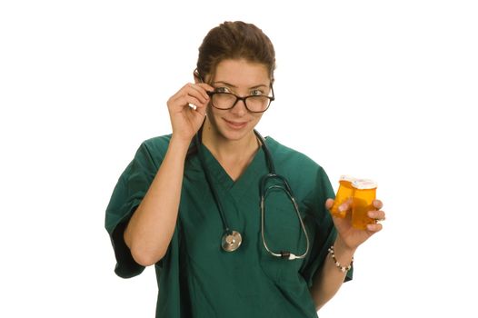 Male nurse or doctor with specimen bottles and stethoscope around neck,  isolated on white