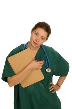 Younf attractive nurse or doctor with chart and stethoscope