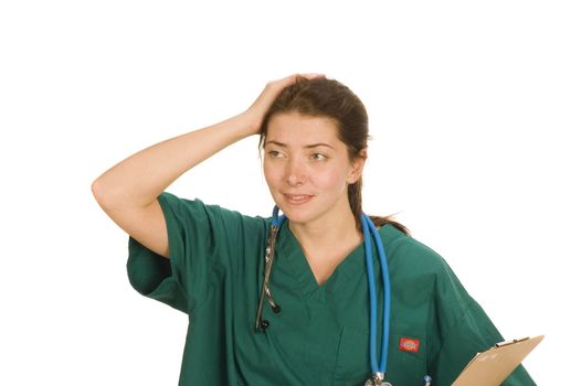 female nurse or doctor with chart and stethoscope around neck,  isolated on white