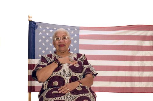 African American patriot with flag isolated over white