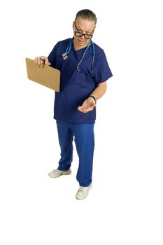 Male nurse or doctor with chart and stethoscope around neck,  isolated on white