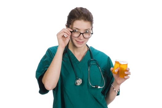 Male nurse or doctor with chart and stethoscope around neck,  isolated on white