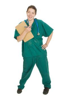 female nurse or doctor with chart and stethoscope around neck,  isolated on white