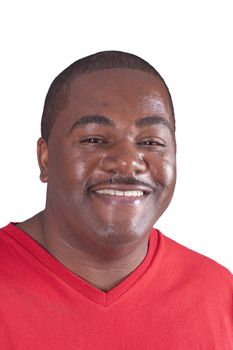 Happy, smiling African American in a red shirt on a white background