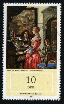 GERMANY  - CIRCA 1982: 17th cent. Paintings in Natl. museum, Schwerin. Music making at home, by Frans van Mieris (1635-1681),  circa 1982.