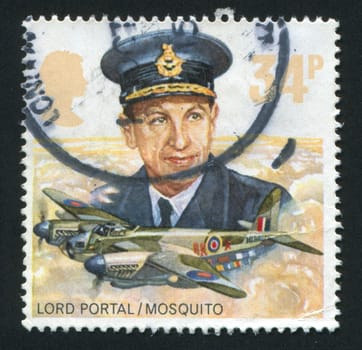 GREAT BRITAIN - CIRCA 1986: Royal Air Force Commanders and Aircraft. Lord Portal, De Havilland Mosquito, circa 1986.