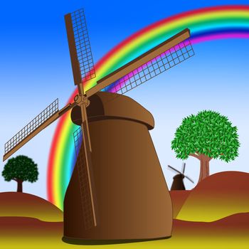 Vector image of windmill and rainbow