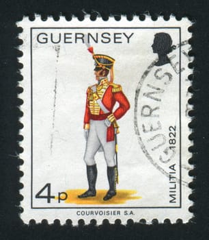 GUERNSEY - CIRCA 1974: The soldier in an ancient uniform, circa 1974.