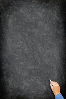 Blackboard / chalkboard. Black and vertical with hand writing with white chalk. Great texture with copy space.