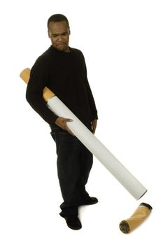 african american man with goant gigarette looking in disgust at filter for an anti smoking campaign