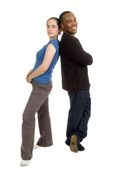 african american man with caucasian woman smiling looking at each other isolated over white