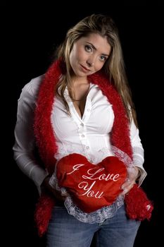 Attractive woman with a valentine message over a black background
