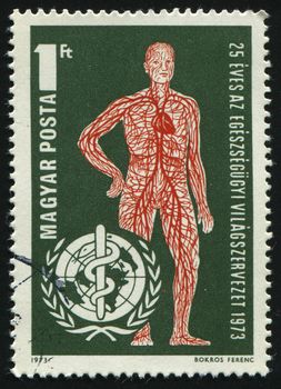 HUNGARY - CIRCA 1973: Vascular System and WHO Emblem, circa 1973.