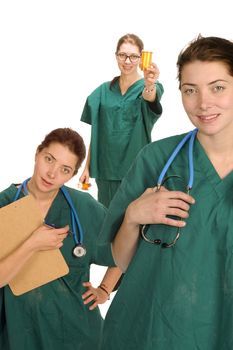 female nurse with specimin bottle,  isolated on white