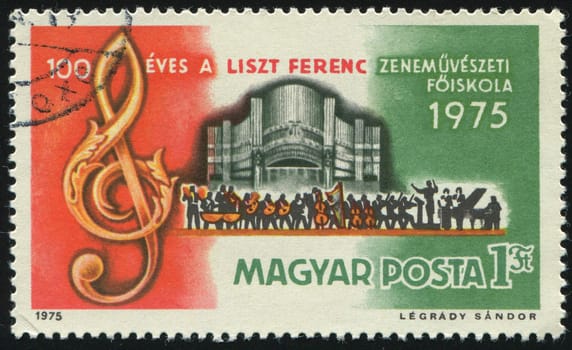 HUNGARY - CIRCA 1975: Treble Clef, Organ and Orchestra, circa 1975.