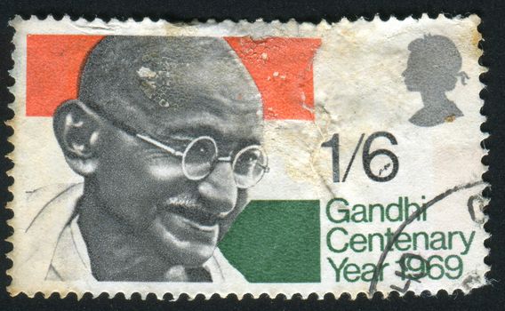 GREAT BRITAIN - CIRCA 1969: Mahatma Gandhi and Flag of India, circa 1969.