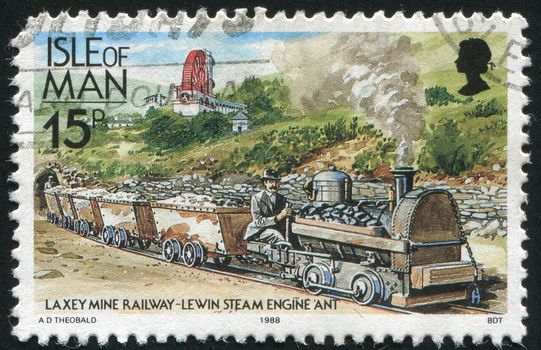 ISLE OF MAN  - CIRCA 1988: Great Laxey Mine Railway Lewin steam engine Ant pulling coal cars, circa 1988.