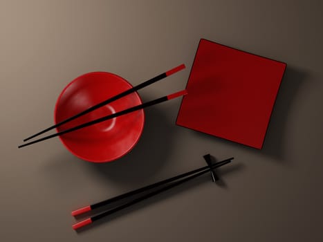 Japanese ware. 3d illustration. Chopsticks lay on a plate.
