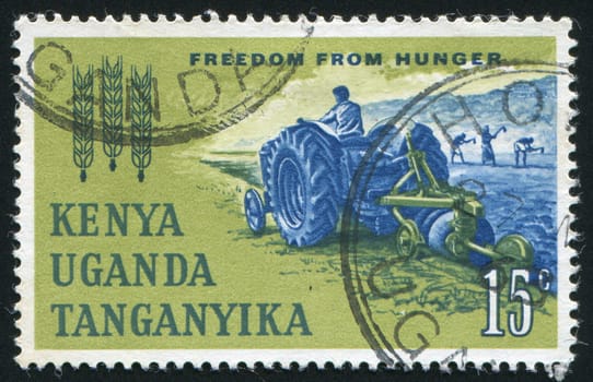 KENYA - CIRCA 1963: Agricultural Development. The tractor ploughs the earth, circa 1963.