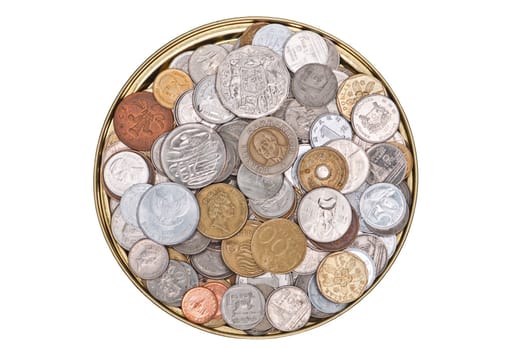 Coins currency from multiple countries in a golden round case, taken from top in isolated background view can be use for financial purposes
