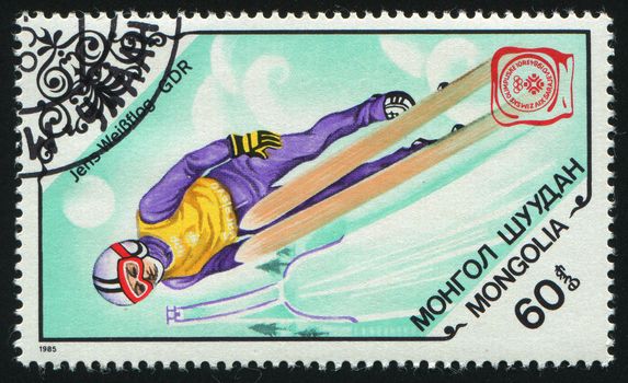 MONGOLIA - CIRCA 1985: Jens Weissflag, German Democratic Republic, ski jump, circa 1985.