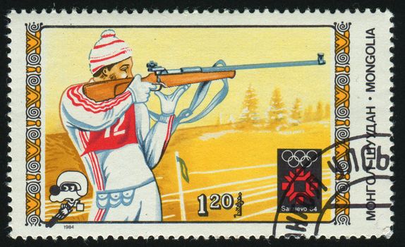 MONGOLIA - CIRCA 1984: 1984 Winter Olympics. Biathlon, circa 1984.
