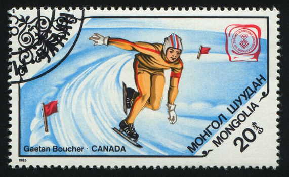 MONGOLIA - CIRCA 1985: 1984 Winter Olympics. Gaetan Boucher, Canada, 1500 meter sped skating, circa 1985.