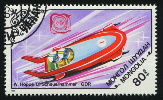MONGOLIA - CIRCA 1985: 1984 Winter Olympics. bobsled, circa 1985.