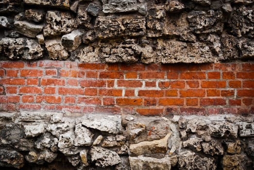 Brick wall background taken on a clundy day with stones texture on top and bottom, can be use as background and put text in the middle
