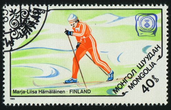 MONGOLIA - CIRCA 1985: 1984 Winter Olympics. Cross-country skiing, circa 1985.