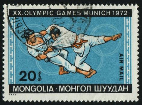 MONGOLIA - CIRCA 1972: Olympic Rings and Judo, circa 1972.
