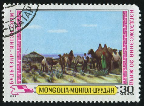 MONGOLIA - CIRCA 1979: Paintings, Milking camels, circa 1979.