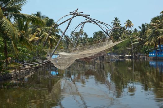 Traditional Chinese fishnets at Kerala backwaters. Kerala, India
