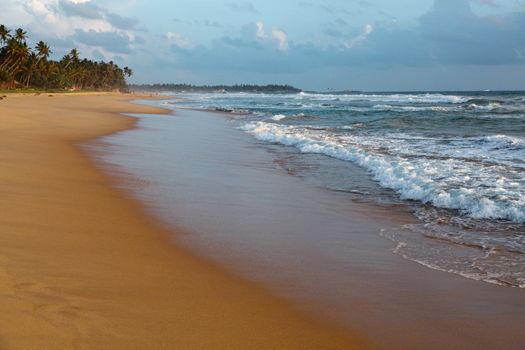 Tropical beach with waves on sunset. Sri Lanka