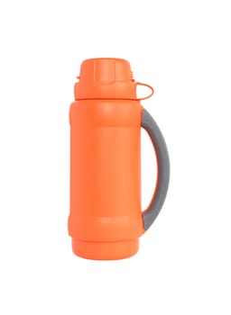 A new modern orange thermos standing on white background. Isolated with clipping path