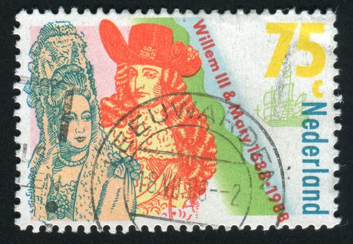 NETHERLANDS - CIRCA 1988: Coronation of William III and Mary Stuart, King and Queen of England, circa 1988.
