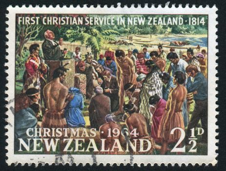 NEW ZEALAND - CIRCA 1964: Rev. Samuel Marsden Conducting First Christian Service, Rangihoua Bay, Christmas, circa 1964.