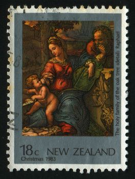 NEW ZEALAND - CIRCA 1983: Holy family of the Oak Tree, by Raphael, circa 1983.
