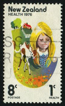 NEW ZEALAND - CIRCA 1976: Farm girl and calf, circa 1976.