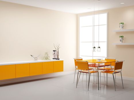 View of a modern kitchen. 3d illustration. Modern interior of kitchen in house.