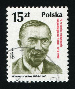 POLAND -CIRCA 1988: Wincenty Witos was a prominent member of the Polish People's Party from 1895, and leader of its "Piast" faction from 1913., circa 1988.