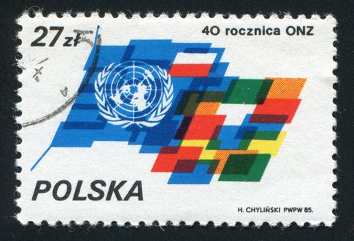 POLAND - CIRCA 1985: The United Nations is an international organization whose stated aims are facilitating cooperation in international law, international security, economic development, circa 1985.