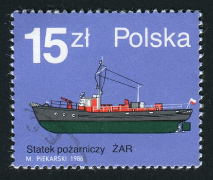 POLAND - CIRCA 1988: Fire ship and boat, Zar, circa 1988.
